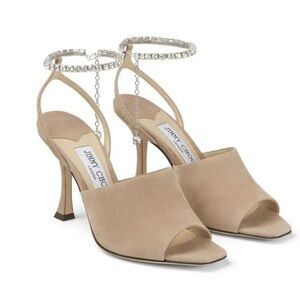 NWT JIMMY CHOO Sae 90 Sandals in light tan beige cream suede with crystals - 5
